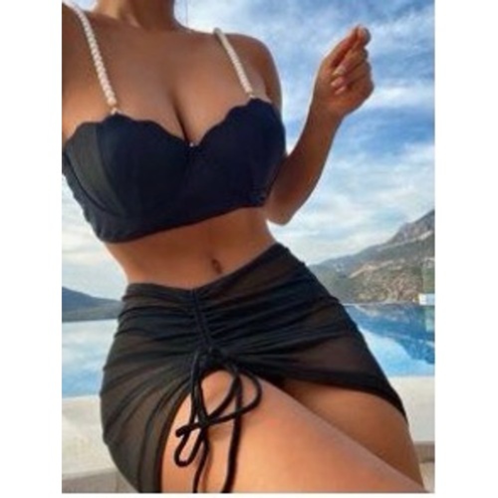 Black Shell Pearl Strap Bikini 3 Piece Set with Mesh Ruched Cover Up Skirt Small